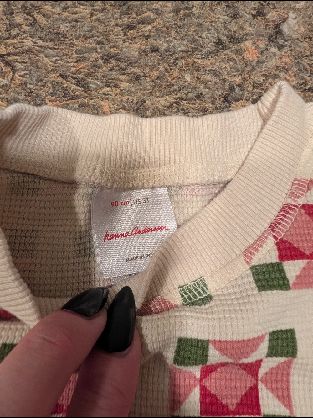 Hanna Andersson Holiday Waffle Crewneck Red & Green Geometric Quilt Motif - Picture 3 of 5